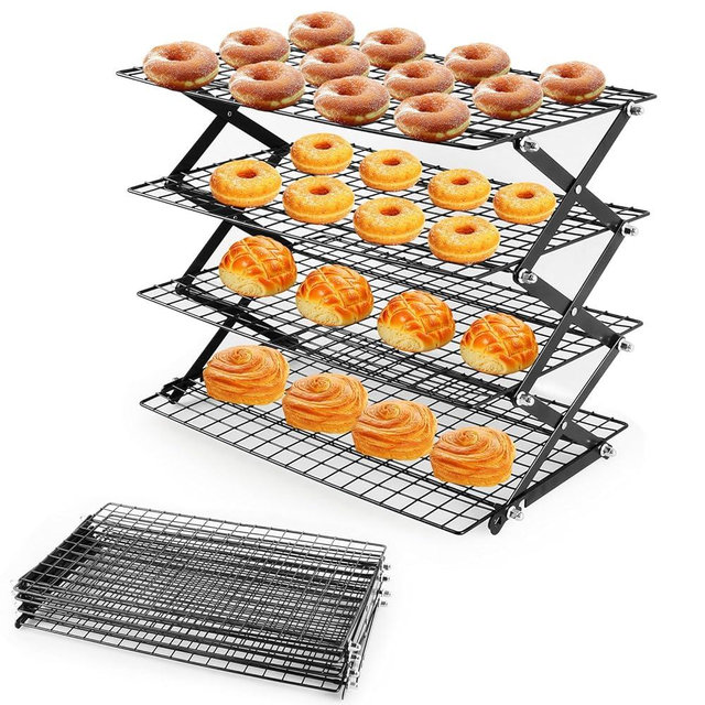 Vrsafan 4-Tier Collapsible Cooling Rack with Adjustable 3 Setting, Wire Cooling Roasting Cooking Baking Drying Rack for Cookies Bread (Black-4 Tier)