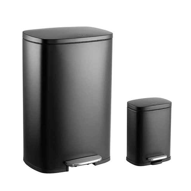 happimess HPM1006B Step-Open Steel Pedal and Soft-Close Lid Free Mini Garbage Bin for Home, Office, Kitchen Trash Can, Large:12.98 Gallon Small:1.3 Gallon, Black