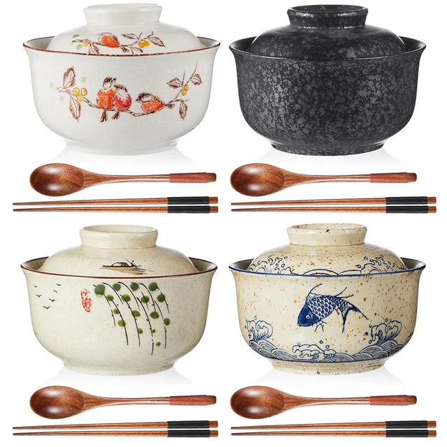 LemonRoad 4 Pack 25oz Ceramic Ramen Bowl with Lid Microwavable with Chopsticks and Spoon Japanese Korean Soup Bowl Clay Pot Dinnerware for Noodle Rice Porridge