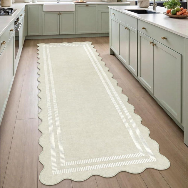 LORWER Washable Runner Rug 2.6x8 Kitchen Hallway Scalloped Rugs, Non Skid Stain-Resistant Indoor Rug Soft Entryway Carpet Runner for Bathroom Laundry Room
