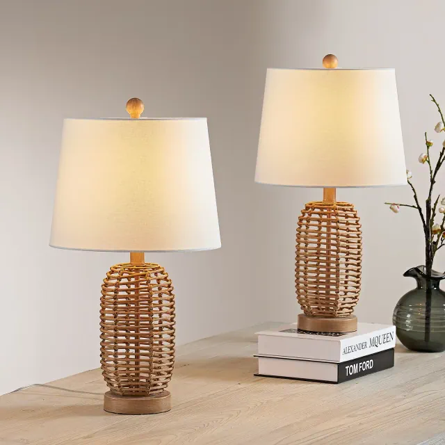 Maxax Rattan Table Lamp,Boho Woven Desk Lamp with Beige Fabric Shade for Bedroom, Living Room, Coastal & Farmhouse Decor£¬3-Way 100W E26 Base,
