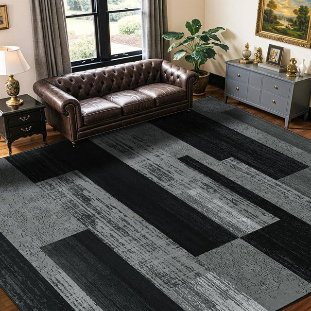 LIANLAM 9x12 Washable Area Rugs for Living Room and Bedroom, Vintage Checkered Pattern Non-Slip Carpet, Stain Resistant Low Pile Soft Rug for Dining Room,Office,Nursery,Kids Room(9x12,Gray)