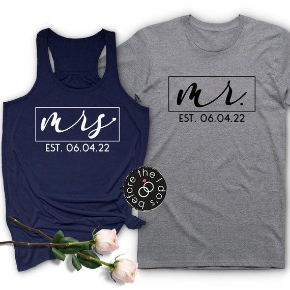 Mr. and Mrs. {with EST. Date} Flowy Racerback Tank and T-Shirt Set /// Honeymoon Shirts, His and Her Shirts, Couples Shirts | #1979_TKT