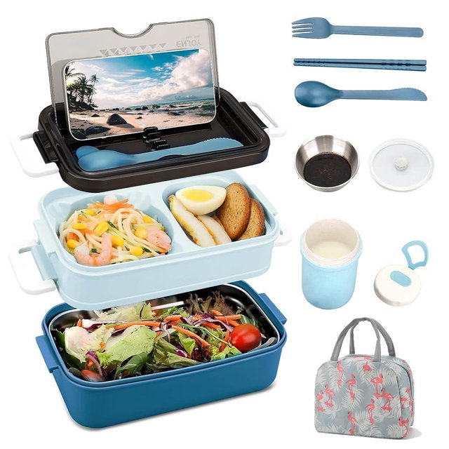 SAVTON Adult Bento Lunch Box Kit, Bento Boxes Portable Lunch Box, Adult Bento Box with Lunch Bag, Bento Lunch Containers for Women, 1200ml Large Capacity Lunchbox BPA-Free(Blue Metal)