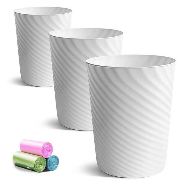 Bathroom Trash Can, 3 Pack 1.8 Gallons Small Trash Can with Trash Bags, Bathroom Garbage Can, Plastic Trash Bin, Round Waste Basket for Bathroom, Bedroom, Office, Kitchen, Room, Compact Space (White)