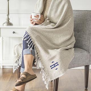 Personalized Taupe Herringbone Cotton Throw