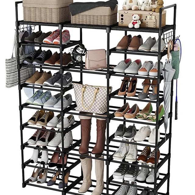 Kottwca 9 Tiers Shoe Rack Organizer Shoe Shelf for Entryway Closet, Large Shoe Storage Rack for 50-55 Pairs Shoe and Boots, Space Saving Stackable Shoe Cabinet with Versatile Hooks for Bedroom Hallway