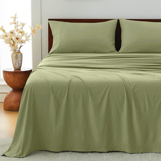 GOKOTTA 4-Pcs King Size Sheets Set, 10-16" Deep Pocket, Non-Slip Elastic Corner Straps, Washed & Brushed Microfiber Polyester - Hotel Luxury, Ultra Soft, Breathable, Wrinkle-Free - Olive Green