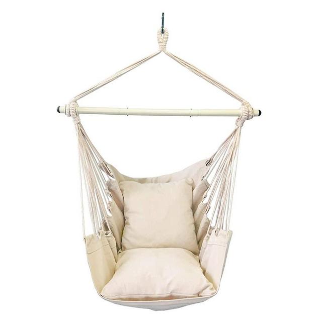 Highwild Hanging Rope Hammock Chair Swing Seat for Any Indoor or Outdoor Spaces - 500 lbs Weight Capacity - 2 Seat Cushions Included (Beige)