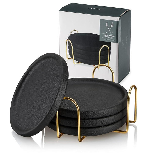 Viski Earthenware Set of 4-Ceramic Outdoor Drinks-Unique Coasters with Gold Stand Black