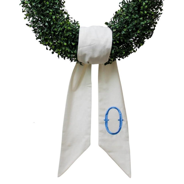 Monogram Wreath Sash for Front Door, White Embroidered Linen Wreath Sash, Porch Accessory for Xmas Party Yard, Wedding, and Boxwood Decoration, Indoor Outdoor Décor - (O)