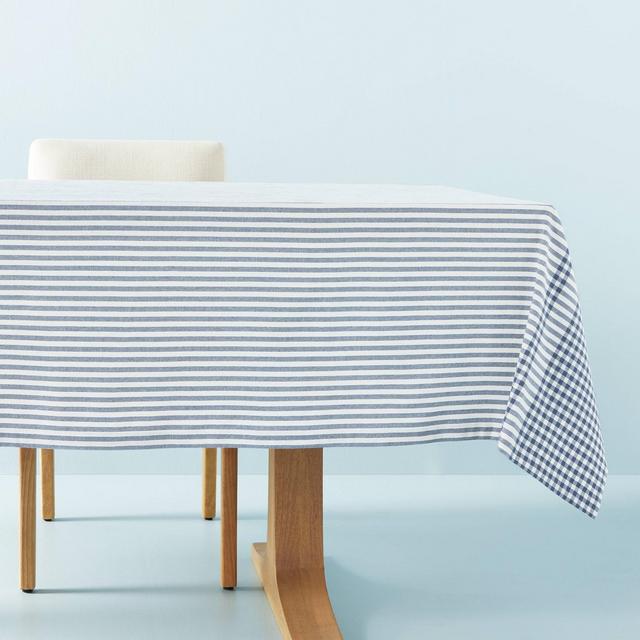 60"x120" Engineered Gingham Rectangular Woven Tablecloth Blue/Cream - Hearth & Hand™ with Magnolia