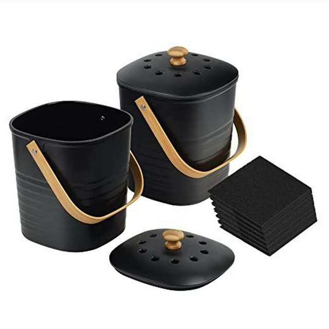 Impresa [2 Pack] Bamboo Compost Bin for Kitchen - Holds 1 Gallon Each