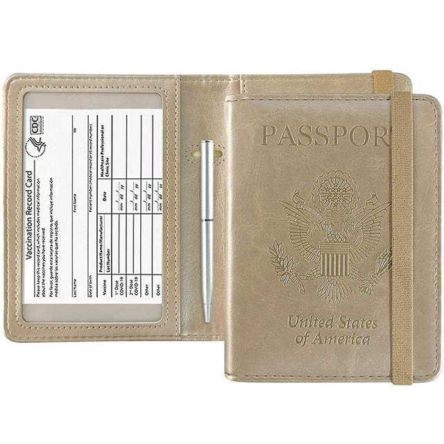 ACdream Passport and Vaccine Card Holder Combo, Cover Case with CDC Vaccination Card Slot, Leather Travel Documents Organizer Protector, with RFID Blocking, for Women/Men, Gold