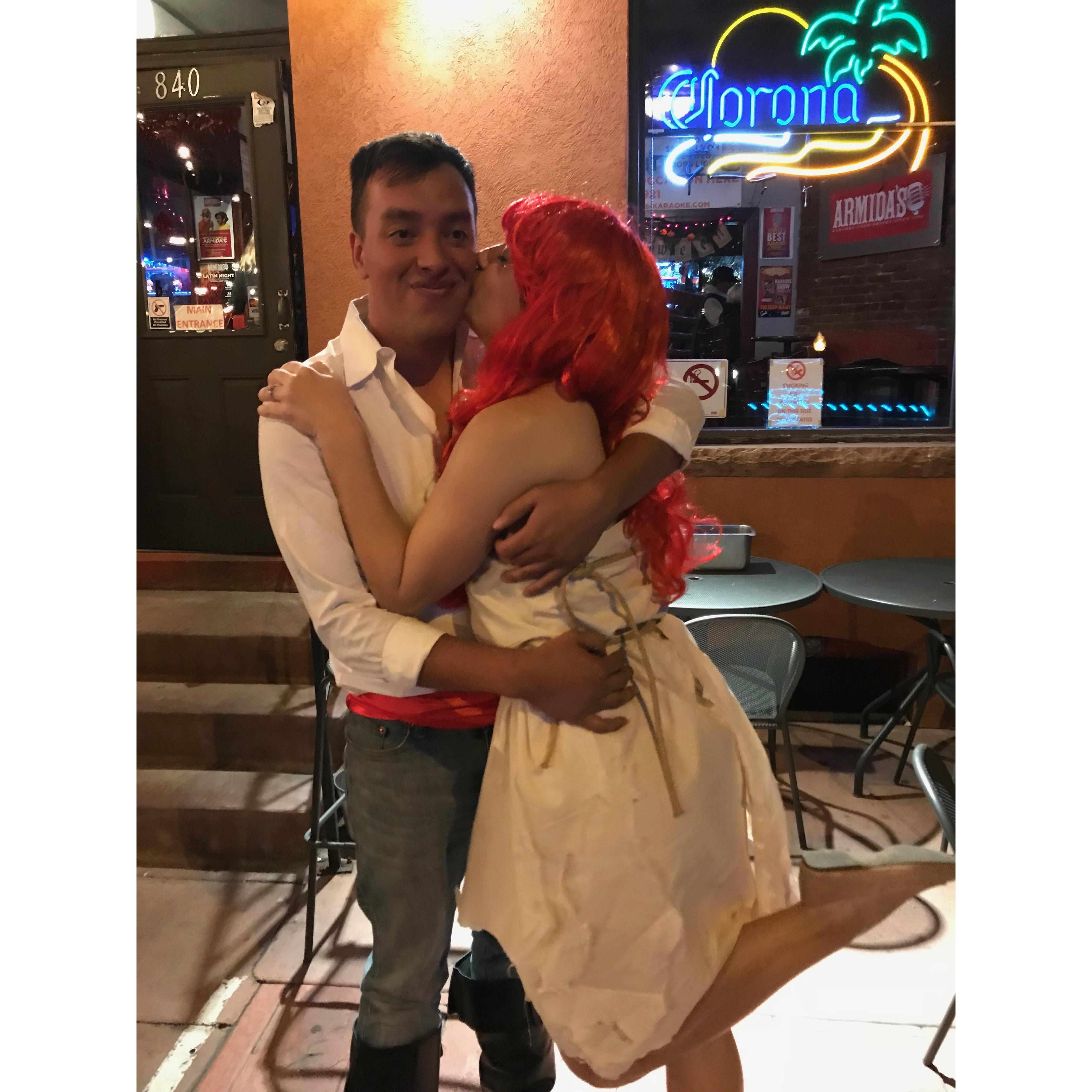 We take couples costumes very seriously. Previous appearances include: Tarzan/Jane, Dora/Diego, Bob Ross/Happy Little Tree. [Prince Eric and Ariel at Armida's Karaoke Bar]