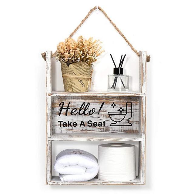 Emibele Bathroom Decor Hanging Shelf, Farmhouse Rustic Wooden Floating Storage Holder for Bathroom Shower Tub Living Room, Toilet Paper Bottles Diaper Holder Storage, for Kitchen Courtyard, White