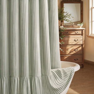Farmhouse Shower Curtain with Ruffle Hem Linen Shower Curtains for Bathroom Country Vintage Rustic Natural Fabric, Cream-Green Stripe 72" W x 72" L