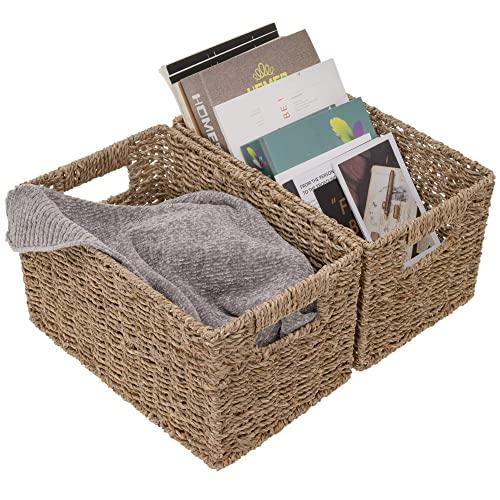 StorageWorks Seagrass Storage Baskets, Rectangular Wicker Baskets with Built-in Handles, Medium, 13” x 8.4” x 7.1”, 2-Pack