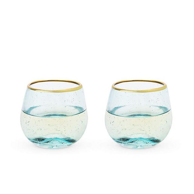 Twine Aqua Bubble Stemless Wine Glass Set, 12 oz, Blue and Gold
