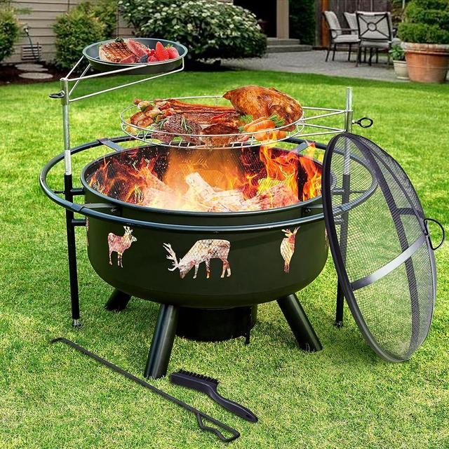 NATURAL EXPRESSIONS 32 Inch Fire Pits Outdoor Wood Burning Firepit with Cooking Grate Large Steel Firepit Bowl With 2 adjustable Swivel BBQ Grill for patios and bonfires Includes Poker & Fire Pit Cove