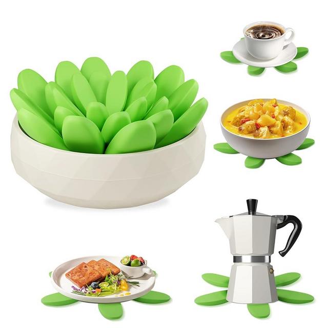 Silicone Coasters and Trivets for Hot Dishes, Plants Gifts for Plants Fans, Fun Creative Succulent Silicone Mat of 4 with Storage Bowl for Home Decor Tabletop Protection Coffee Table Pot Holders