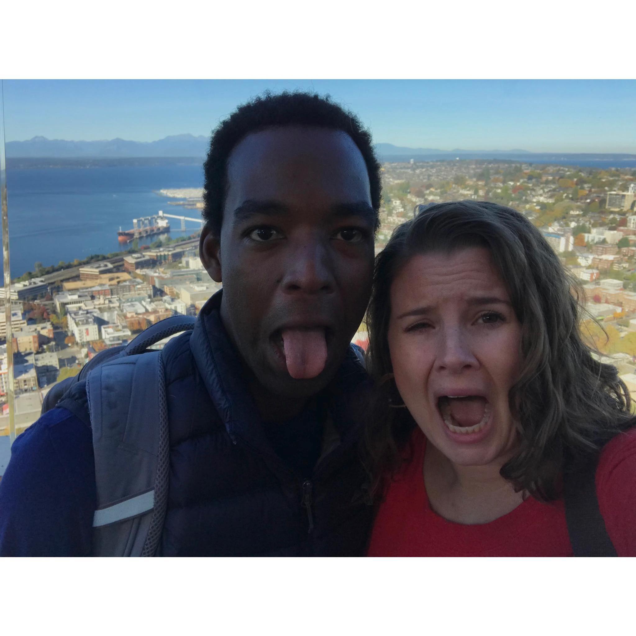 On top of the Seattle Needle, clearly Nelson missed the message that we were supposed to look scared!