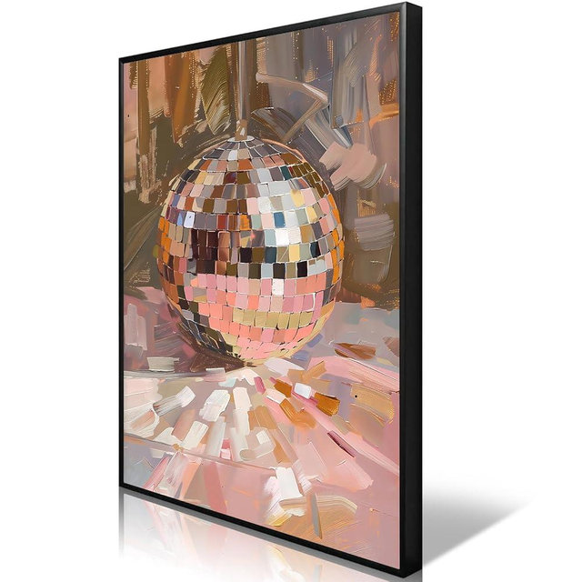 Trendy Soft Pink Disco Ball Canvas Wall Art Funky Girl Silver Mirrorball Textured Poster Maximalist Preppy Print Vintage 70s Bar Cart Dopamine Wall Decor for Girly Dorm Bedroom 16x24in Black Framed