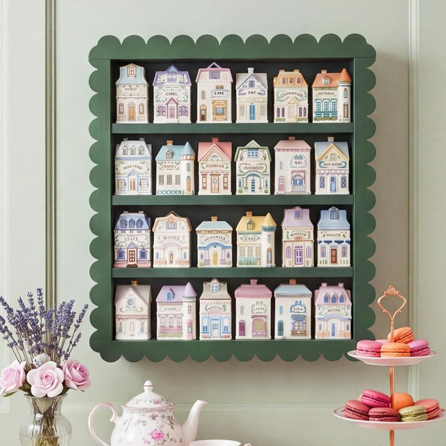 Chunful Spice Jar Wooden Rack Sage Green Breezy Scalloped Spice Shelf for 24 Jars, Village Style Wall Mounting Kitchen Storage Decorative Hanging Display Rack, Shelf Only