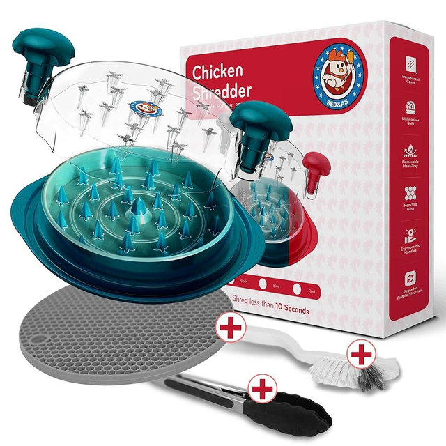 sed&as Chicken Shredder – Professional Meat Claws for Shredder, Lifting & Handling Pulled Pork, BBQ, Beef, & Poultry –Comes with Non-Slip Mat, Cleaning Brush & Tong – Dishwasher Safe BPA Free (Blue)
