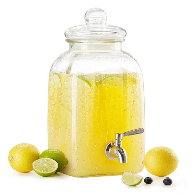 Kook Glass Drink Dispenser, with Leak-Proof Stainless Steel Spigot and Customizable Label Tag, Clear Mason Jar, Beverage Storage for Fridge, for Water, Iced Tea, Sangria, Lemonade, 1.25 Gallon