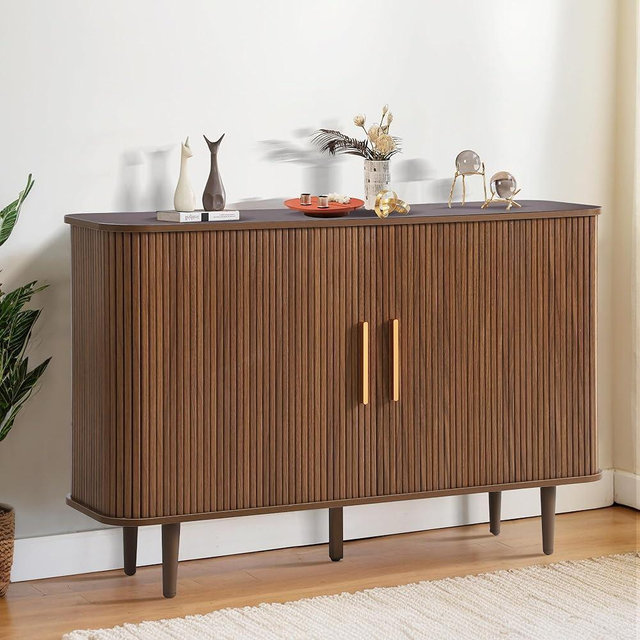 Grepatio 47" Sideboard Buffet Cabinet with Fluted Slide Doors, Tambour Storage Cabinets with Adjustable Shelves, Credenza Console Mid Century Cabinet for Living Room Hallway Entryway (Brown)