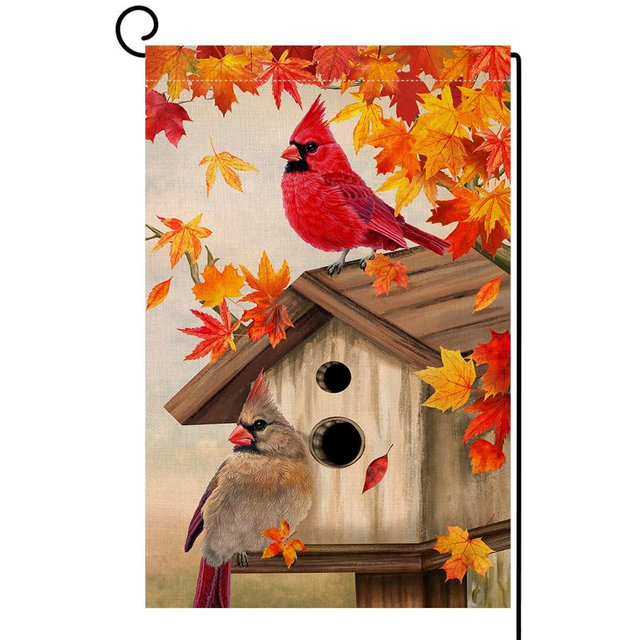 BLKWHT Fall Cardinal Bird Garden Flag 12x18 Vertical Double Sided Maple Leaves Welcome Autumn Thanksgiving Holiday Outside Decorations Burlap Yard Flag BW829