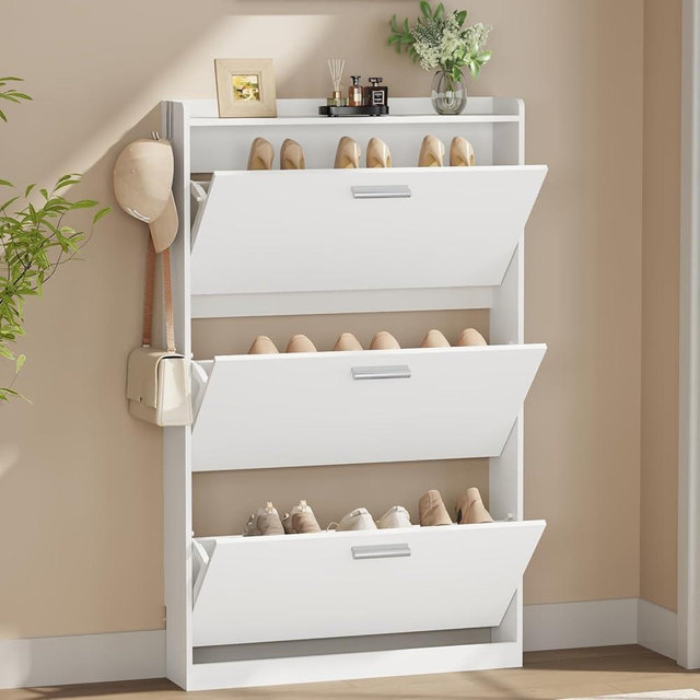 Draelibor Shoe Cabinet Organizer with 3 Flip Drawers，Freestanding Shoe Rack Cabinet，Narrow Shoe Cabinet Storage for entryway，Foyer, Hallway, White, 23.6" W × 6.3" D × 47.2" H