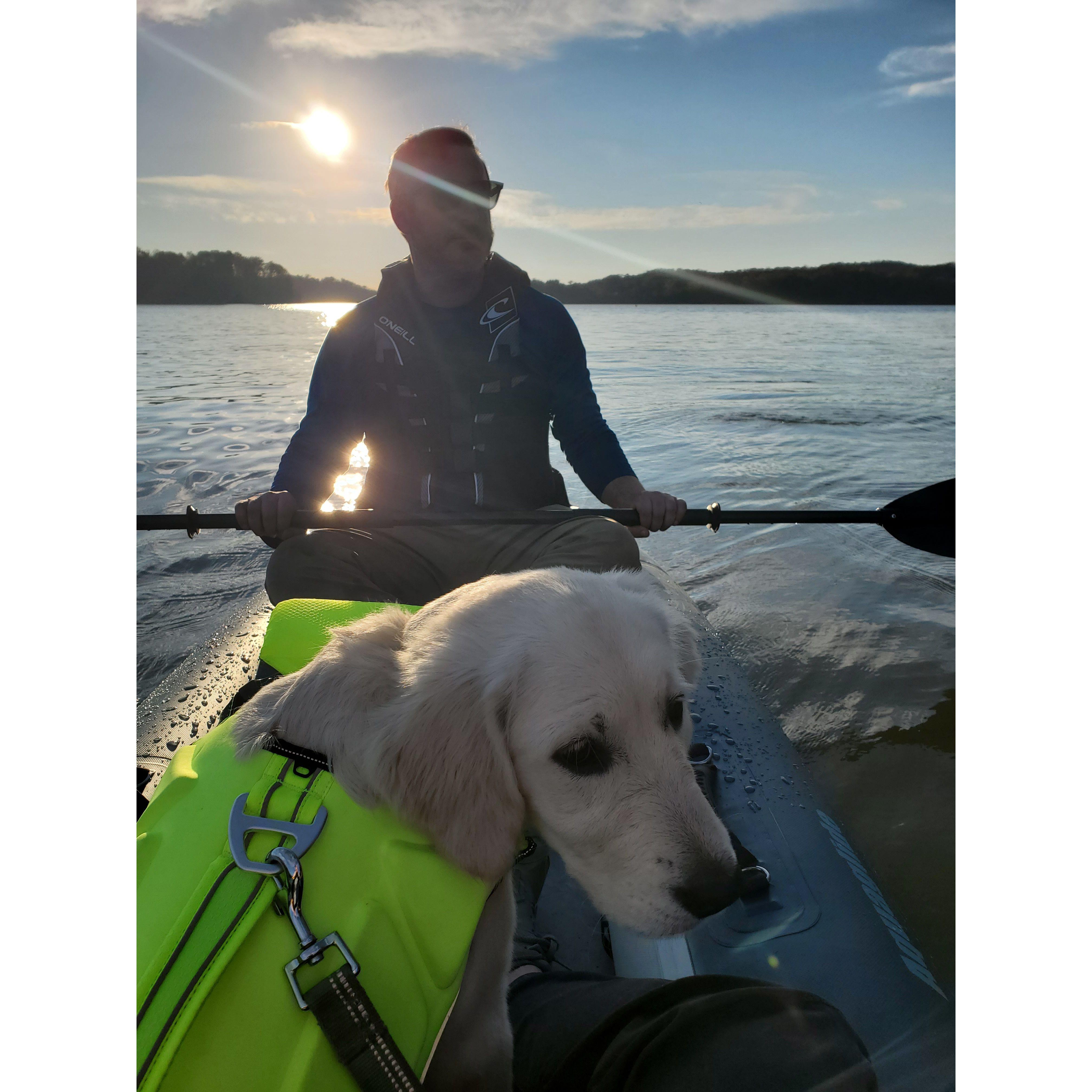 Ashley, Jordan, and Lula kayaking one Fall evening