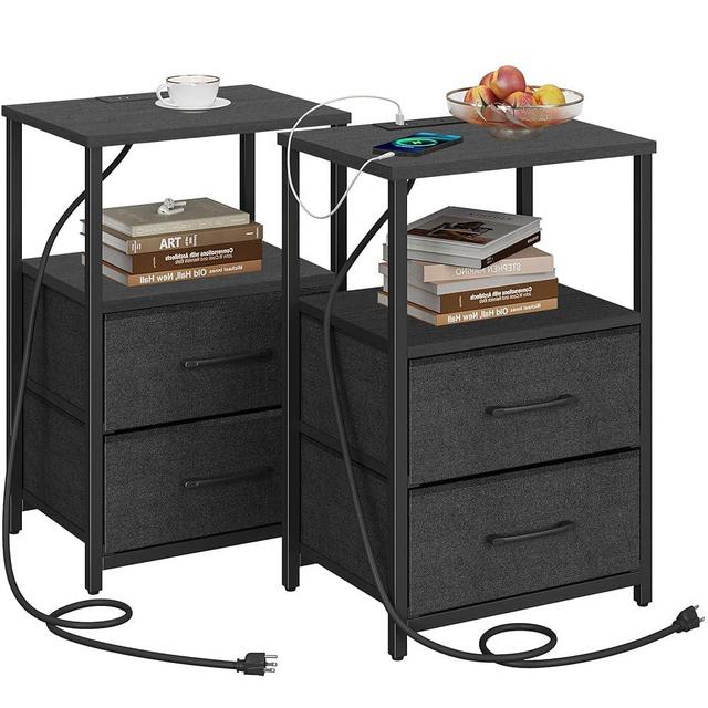 TUTOTAK End Table with Charging Station, Side Table with 2 USB Ports and Outlets, Nightstand with Cloth Drawer, Set of 2, Couch Table, Black TB01BK052