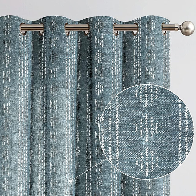 JINCHAN Boho Curtains Linen Curtains for Living Room Blue Farmhouse Curtains 84 Inch Length Geometric Striped Mudcloth Light Filtering Bedroom Window Grommet Country Curtains 2 Panels Blue on Beige