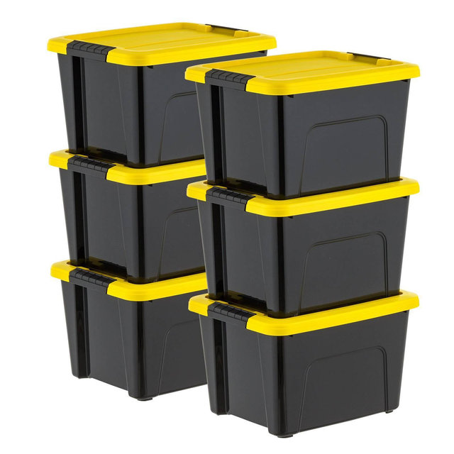 IRIS 6pk 20qt Plastic Storage Bins with Lids Black Yellow Latching Stackable Totes