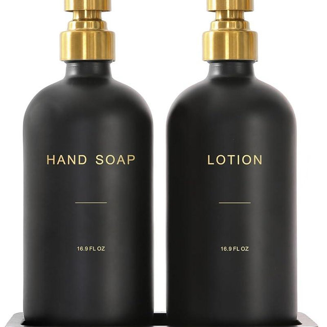 Prus Waso Soap Dispenser Bathroom Set, Hand and Lotion Dispenser with Stainless Steel Pump, Perfect for Black and Gold Bathroom Decor. (Gold & Black)