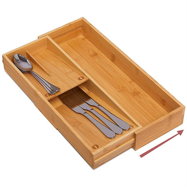 guiogc Bamboo Kitchen Drawer Organizer, Silverware Organizer Expandable Utensil Holder with Removable Knife Block, Cutlery Tray with Drawer Dividers for Kitchen Utensils and Flatware