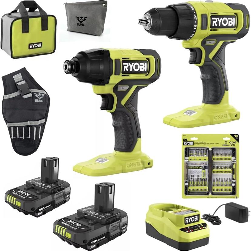 Cordless 2-Tool Combo Bundle with 18-Volt Drill, Impact Driver, 50-Piece Drill Bit Set, (2) 1.5 Ah Batteries, Charger, Tool Bag, Buho Drill Holster, and Buho Zipper Tool Pouch