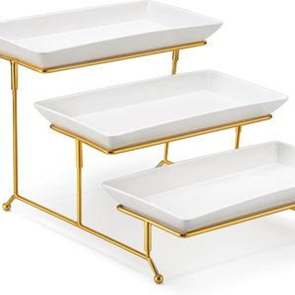 MALACASA 3 Tier Serving Trays for Party, 12 Inch Porcelain White Trays for Serving Food, Dessert Stand with Collapsible Gold Metal Rack