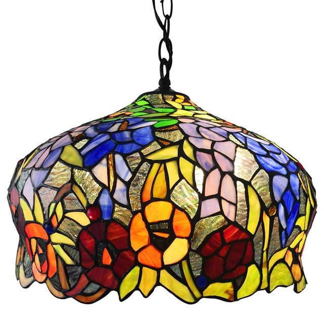 FUMAT Tiffany Pendant Light Rose Flower Stained Glass Hanglamp 16 Inch Wide Shade Chandelier Hanging Lights Fixture 110V Ceiling Pendant Lamp 2PCS LED Bulb Included