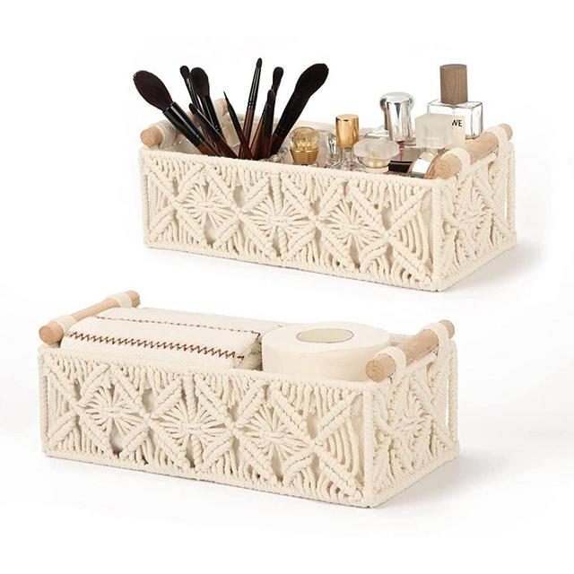 Toilet Paper Basket Macrame Bathroom Storage Baskets with Removable Cloth Boho Decorative Woven Basket for Countertop,Toilet Tank,Shelf,Dressing Table