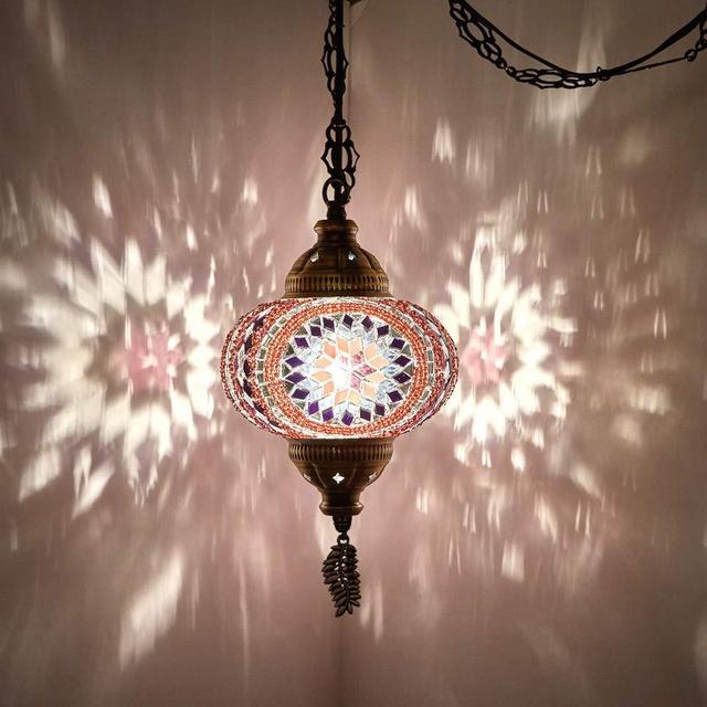 (8 Colors) DEMMEX Turkish Moroccan Mosaic Swag Plug in Pendant Ceiling Hanging Light with 15feet Cord Decorated Chain & North American Plug (Lilac - 6" Diameter)