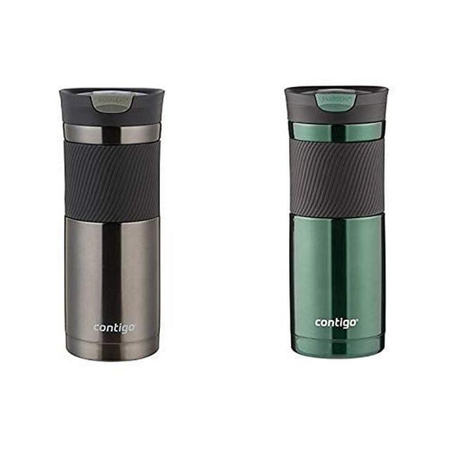 Contigo SNAPSEAL Byron Stainless Steel Travel Mug, 20 oz, Gunmetal AND Contigo SNAPSEAL Byron Vacuum-Insulated Stainless Steel Travel Mug, 20 oz, Grayed Jade