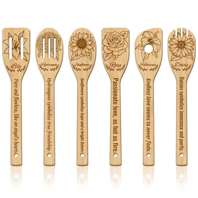 GLOBLELAND 6Pcs Flowers Bamboo Cooking Utensils Wooden Engraved Cooking Spoons Set Carving Kitchen Bamboo Spatula Set for Women and Men Wood Cooking Spoon for Kitchen House Warming Gift