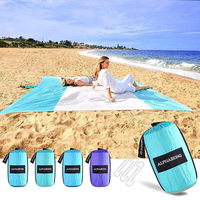 AlphaBeing Beach Blanket Sandproof, Large Sand Free Beach Mat, Oversized Lightweight Portable Mat for Picnic, Camping, Hiking, Ideal Beach Accessories with 4 Corner Pockets & 6 Stakes