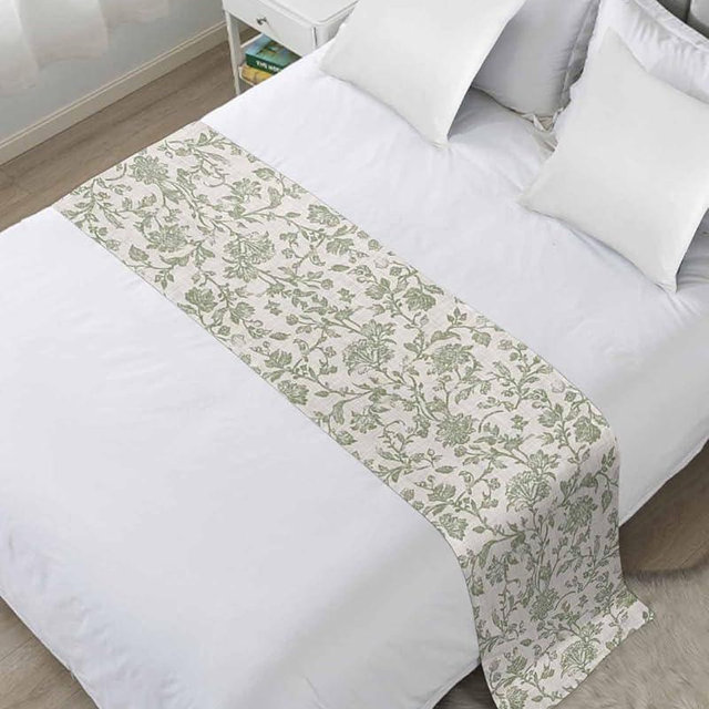 Farmhouse Sage Green Bed Runners for King Size Beds, Decorative Bed Throws for Foot of Beds, Luxury Bedding Protector Slipcover Vintage Flower Leaf Botanical Bedrunners & Scarves for Hotel, 102"x20"