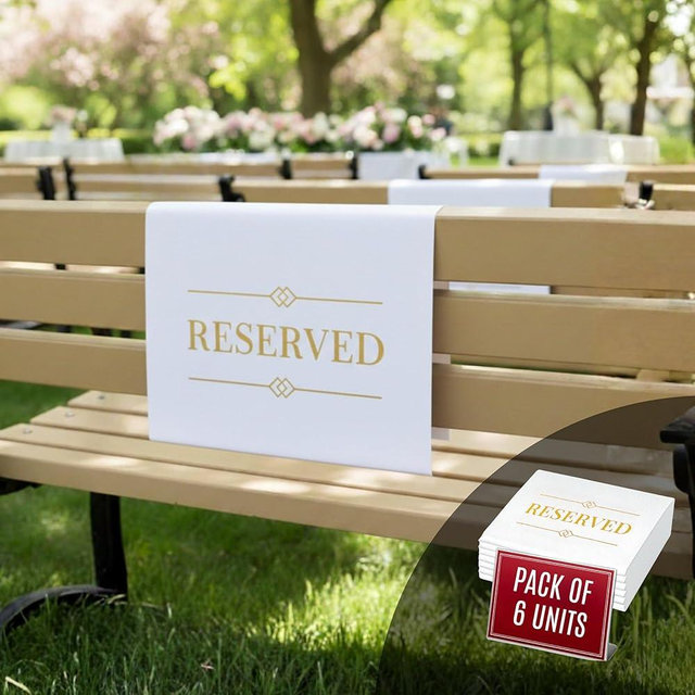 Reserved Chair Signs for Church Pews – 6-Pack White & Gold Seating Markers for Weddings, Receptions, Parties and Events – Fabric Reserved Seat Cloths with Printed Text (White, Gold, 6 Pcs)