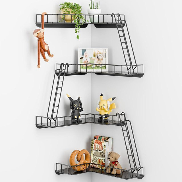 WOPITMER Fire Escape Wall Shelf - Modern City Style 4-Tier Corner Wall Shelves, Easy to Install Metal Ladder Shelf for Figures, New York Decorative Shelves for Bathroom, Living Room & Home Decor,Black
